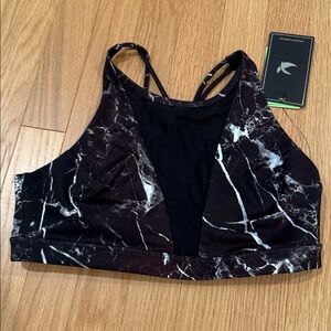 Black and White Marble Sports Bra with a touch of brownish maroon on front.